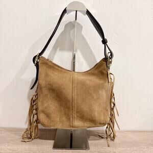 Coach Brooklyn 39 Suede Fringe Trim Shoulder Handbag Beige